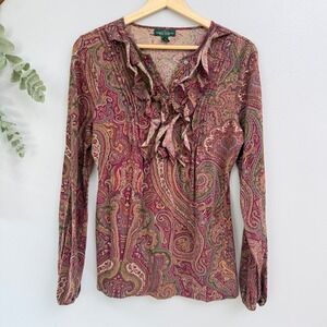 LRL Blouse Whismigoth Fairy Grunge Paisley Bohemian Ruffle Henley Purple Cotton